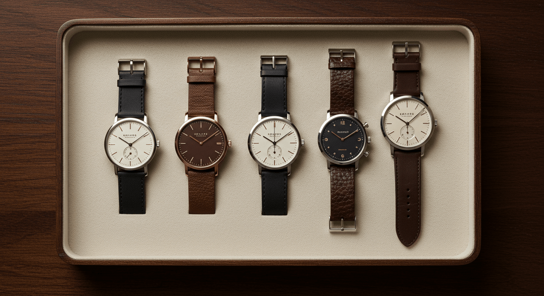Elegant collection of five underrated luxury watches displayed in a wooden case.