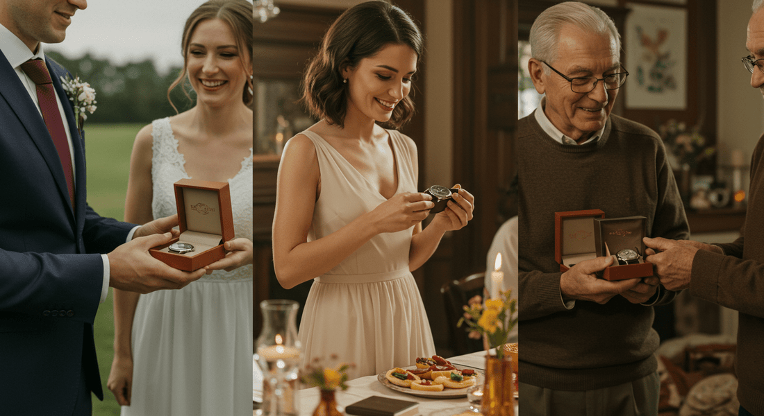 People of different ages gifting luxury watches during celebrations and special moments.