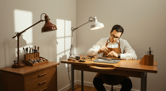 Professional watchmaker working at a desk with tools in a California-based workshop.