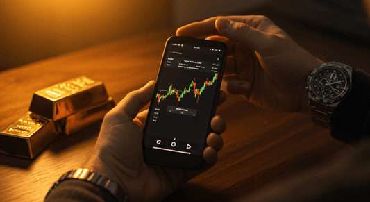 Person wearing a luxury watch analyzing financial charts on a smartphone next to gold bars.