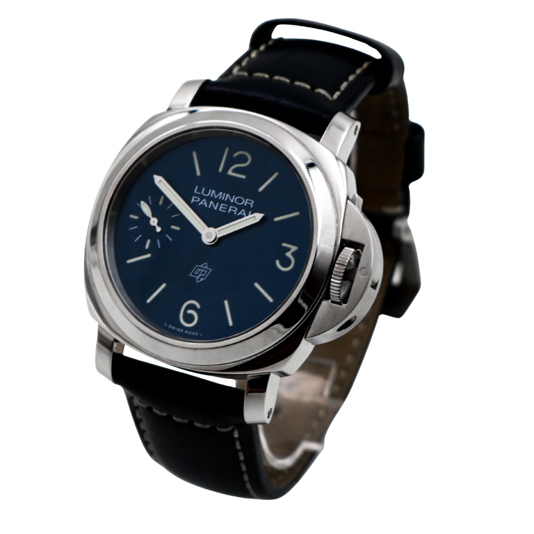 Panerai Luminor Marina 44 mm steel watch, blue dial, black leather strap — left-angle hero view