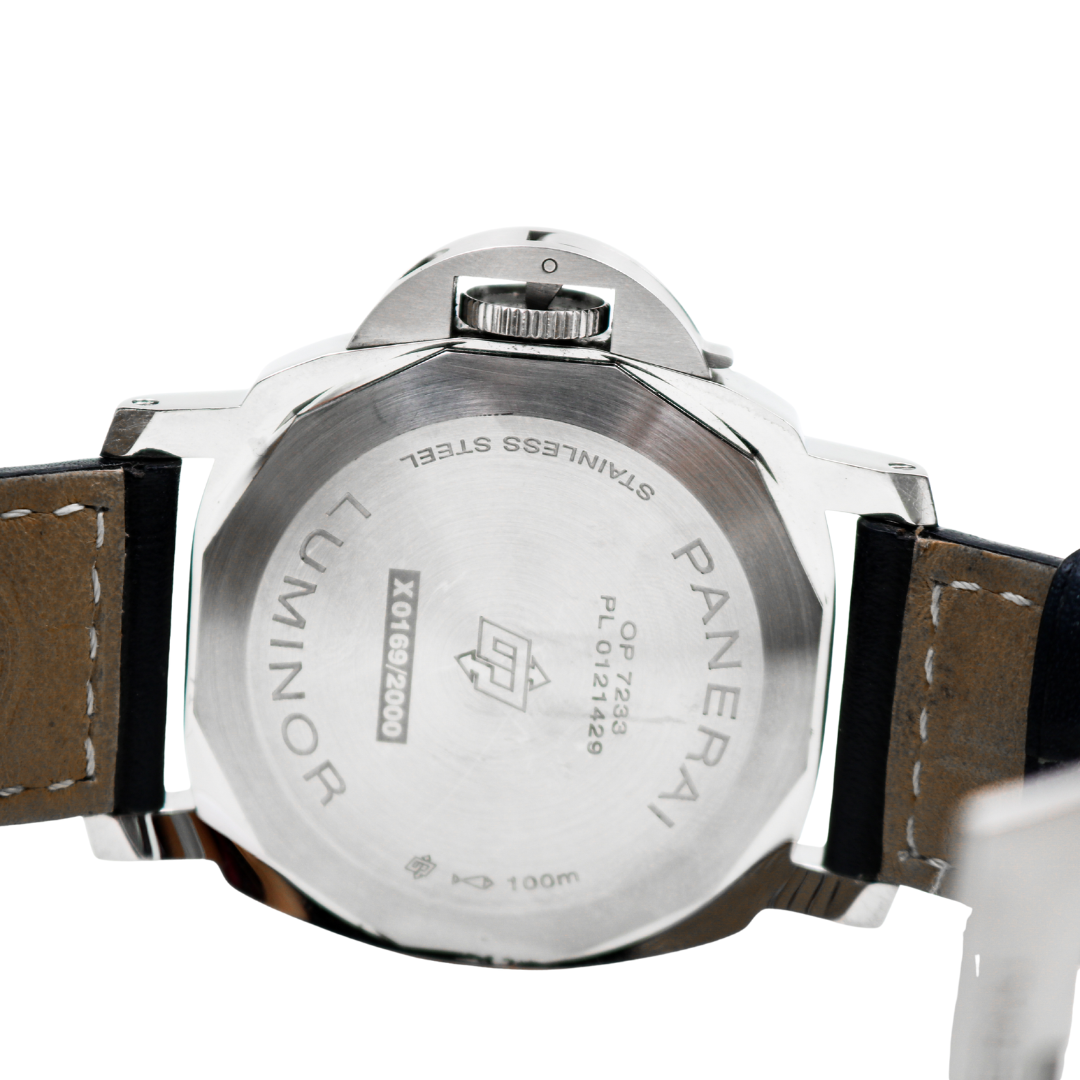 Panerai Luminor Marina screw-down steel caseback showing serial and 100 m water-resistance engraving