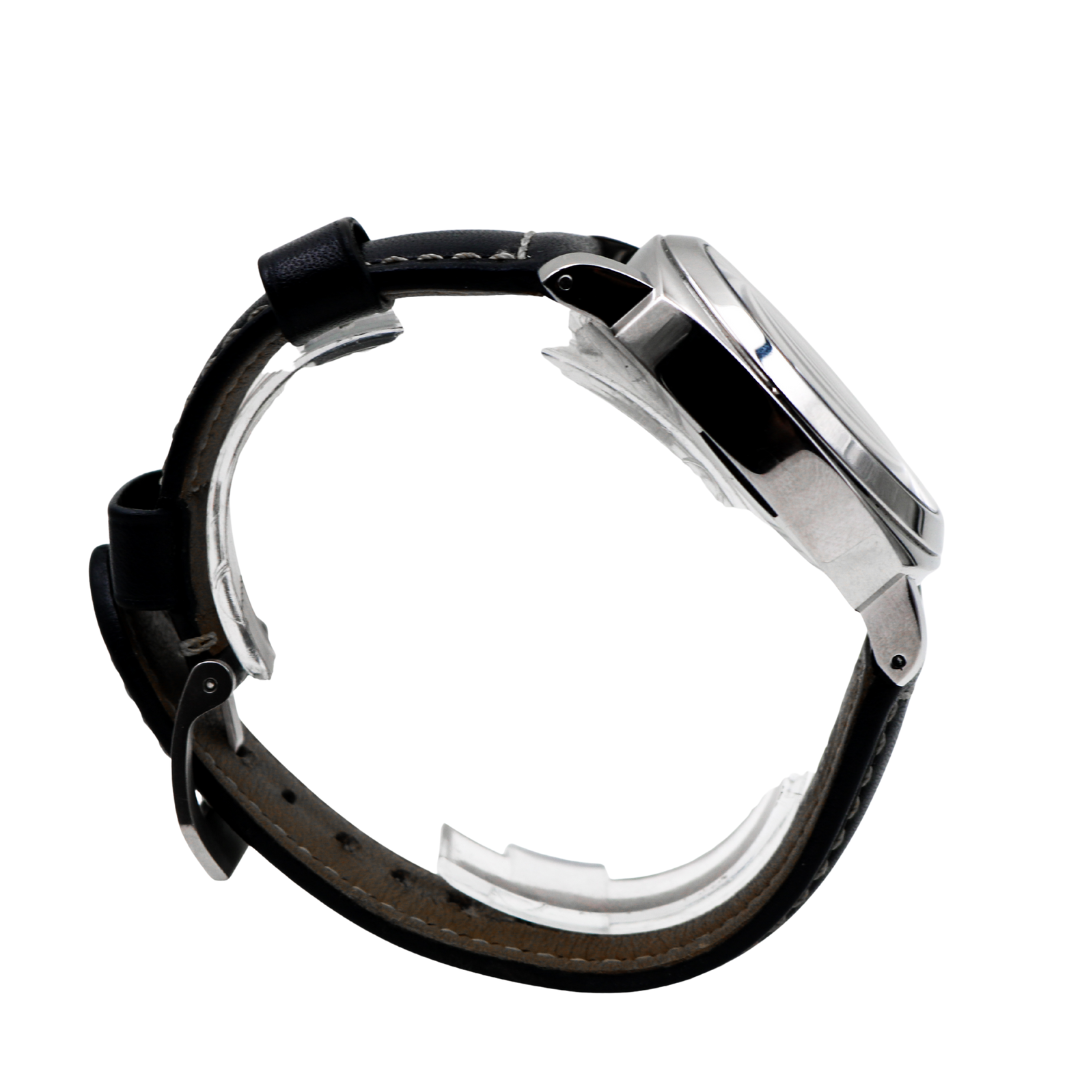 Right side profile showing Panerai crown-locking lever and polished steel bezel on Luminor Marina