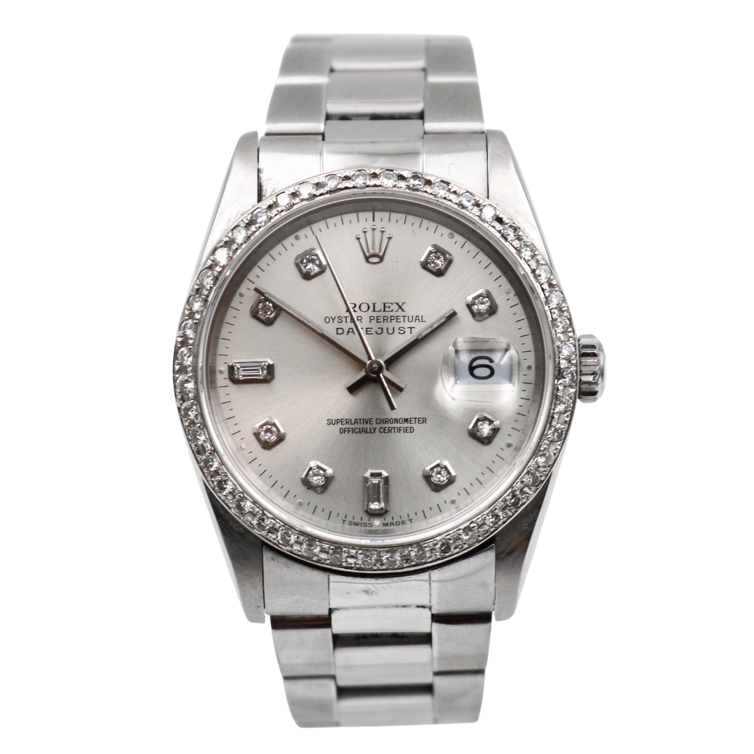 Front view of Rolex Datejust with diamond hour markers and silver dial showing date at 6.