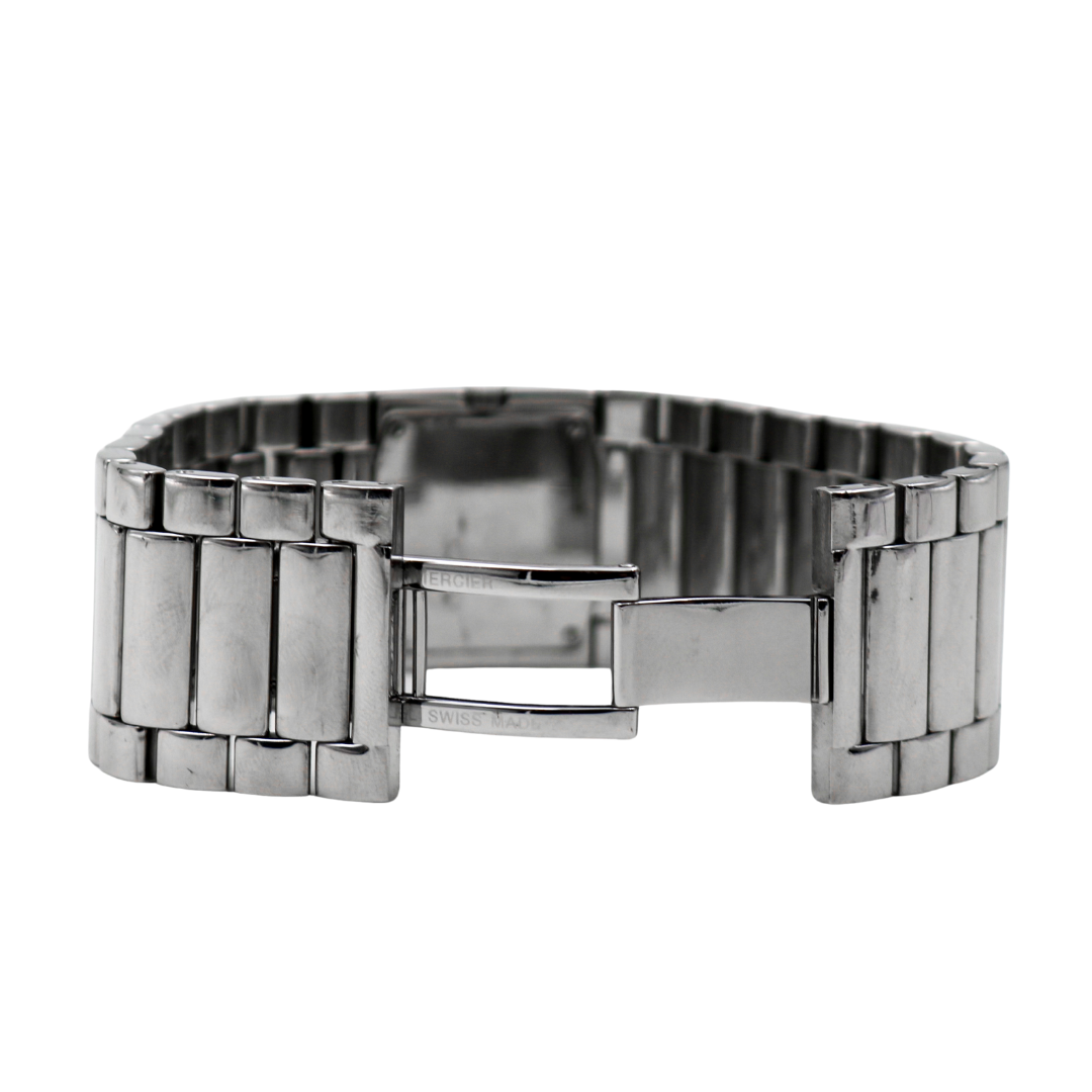View of the Baume & Mercier Catwalk (Silver) Watch with the clasp open, revealing the inner mechanism of the clasp and bracelet design.