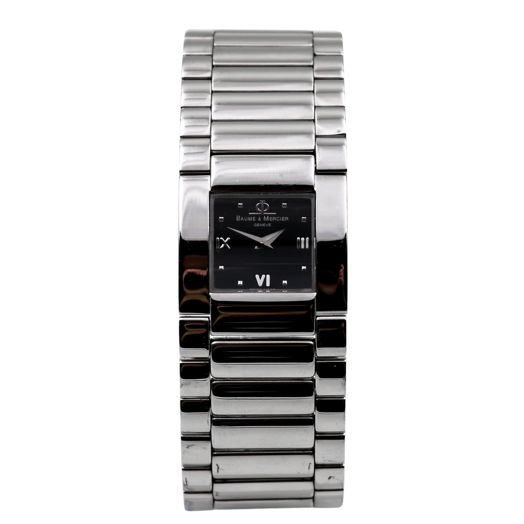 Front view of the Baume & Mercier Catwalk (Silver) Watch with a polished stainless steel case and bracelet, featuring a black dial with minimalist hour markers and Roman numerals.