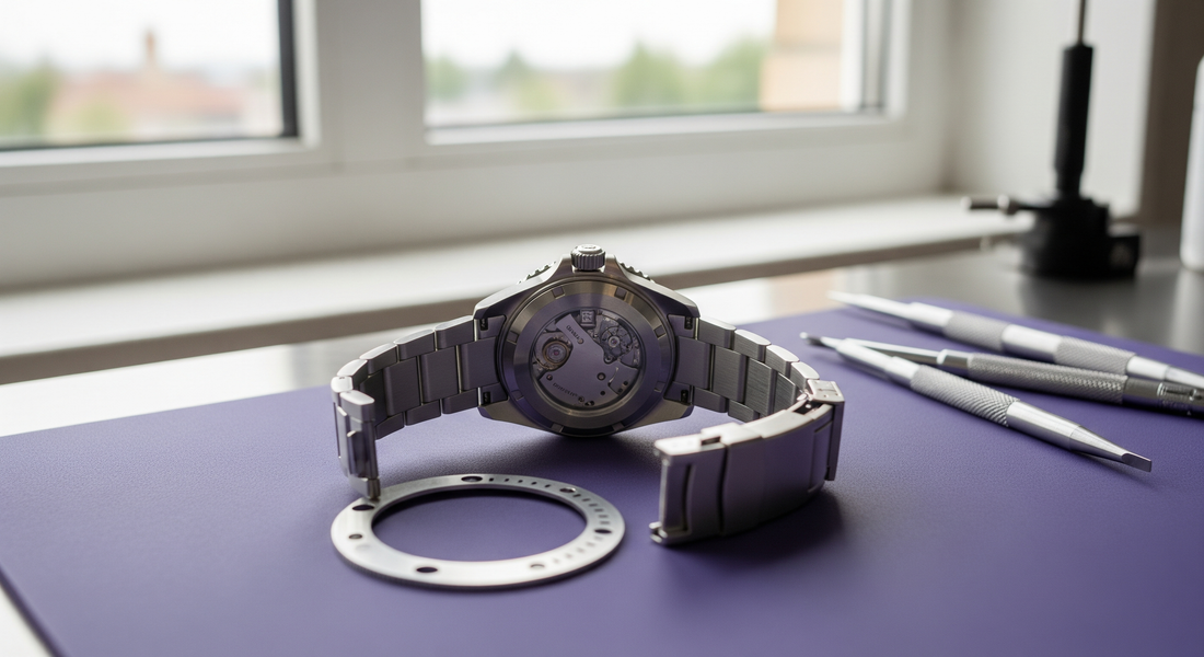Automatic watch with open case back and removed gasket during servicing