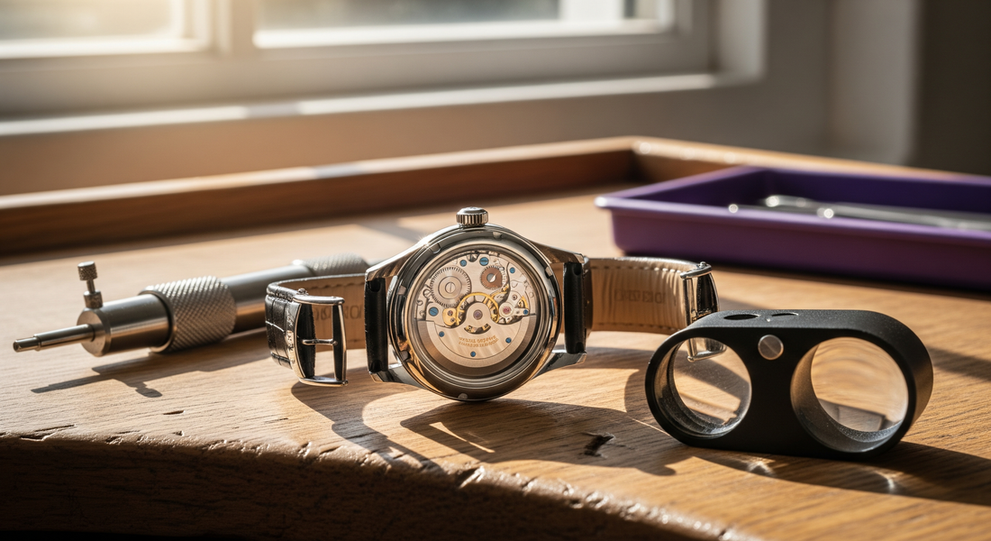 Mechanical watch movement visible through open case on a workbench