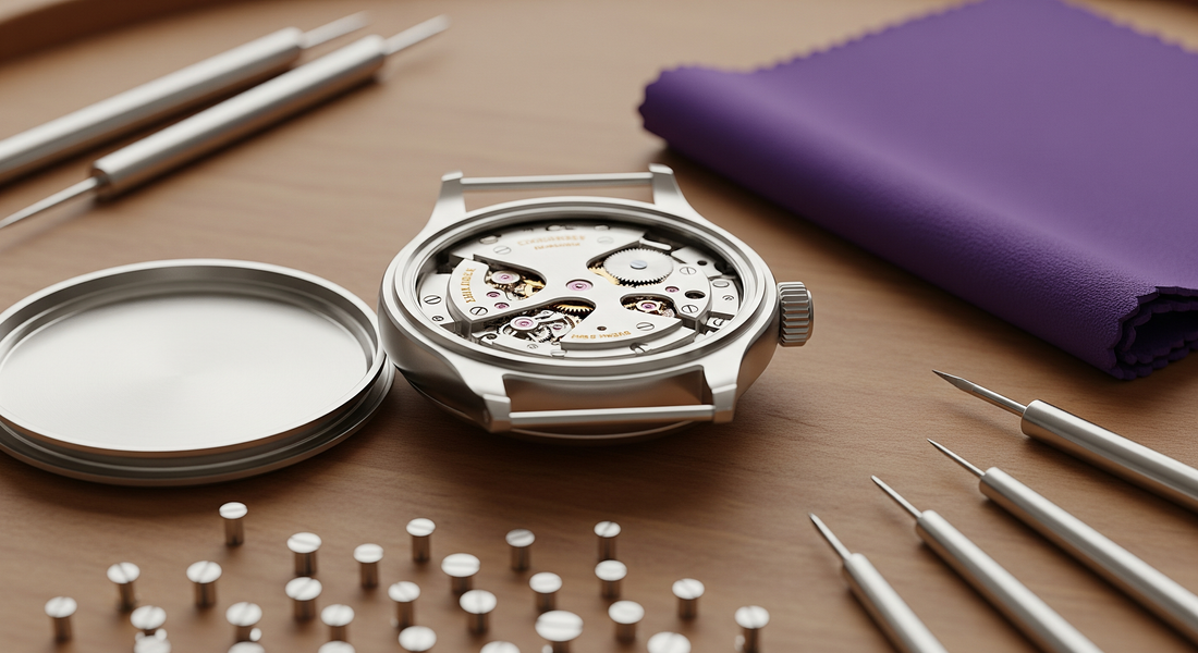Disassembled wristwatch showing movement and case back components