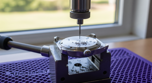 Close-up of a mechanical watch movement with precision tools nearby