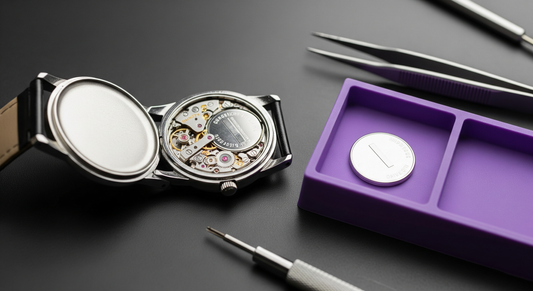 Wristwatch with exposed movement and battery during repair process