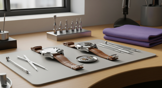 Watch repair workspace with leather strap watches and professional service tools