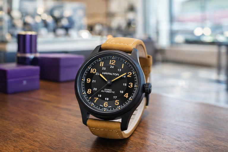 Hamilton Khaki Field automatic watch with black dial and brown leather strap on a showroom table.