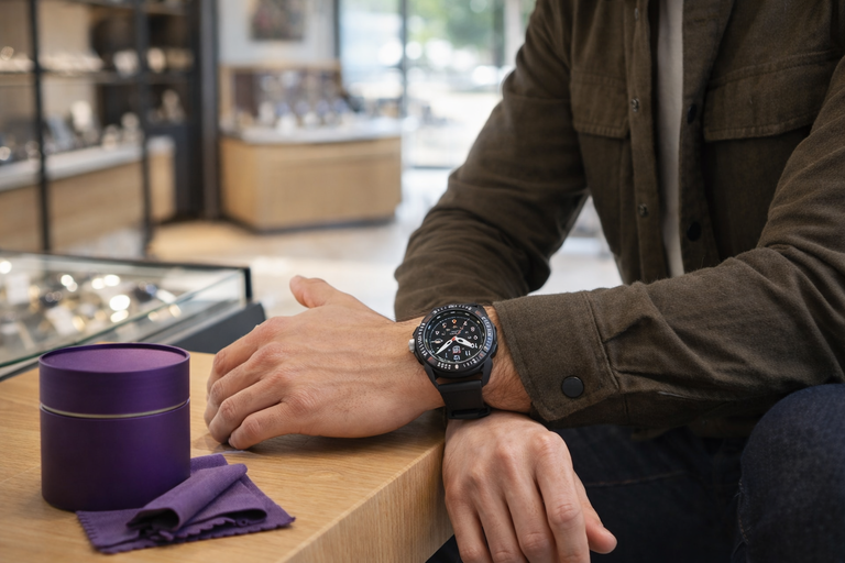 Person wearing a Luminox watch while seated at a jewelry store counter.