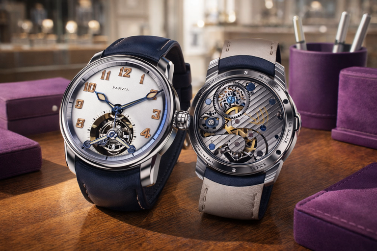 Mechanical watch showing front dial and exposed movement with visible gears.