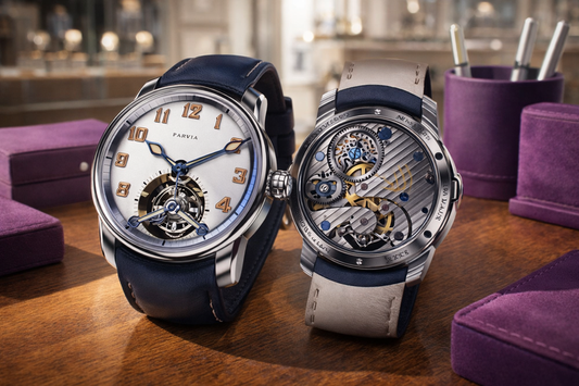 Mechanical watch showing front dial and exposed movement with visible gears.