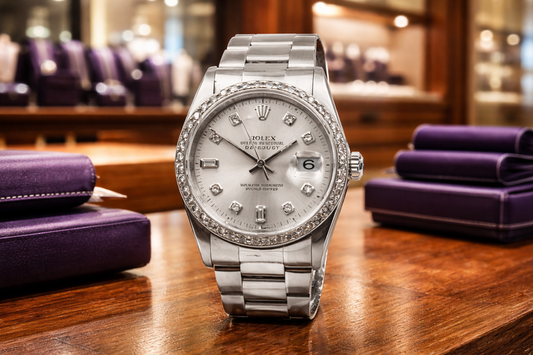 Rolex Datejust watch with diamond bezel and stainless steel bracelet on a jewelry counter.
