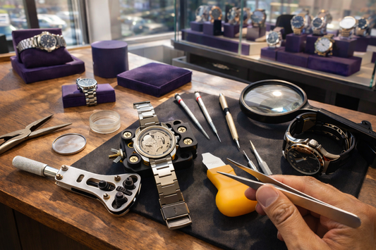 Watch repair workspace with tools, magnifier, and open mechanical watch movement.