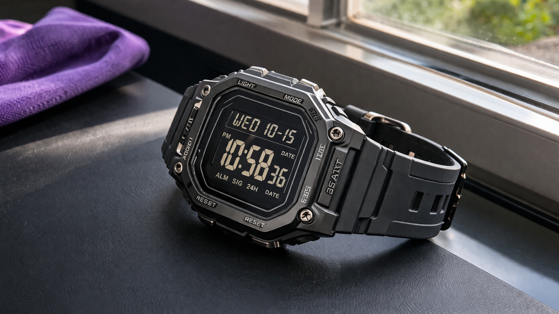 Casio digital tactical watch showing time and date on rugged display