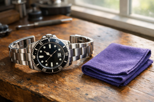 Dive watch next to microfiber cloth on wooden surface