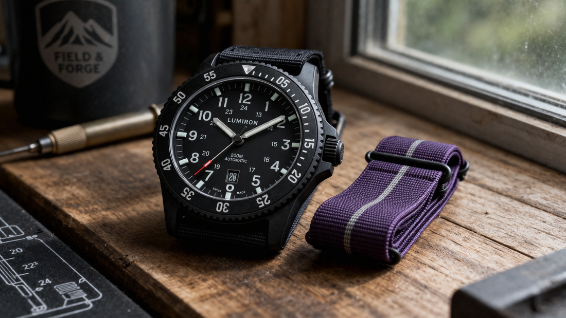 Field watch with nylon strap placed near window with outdoor light