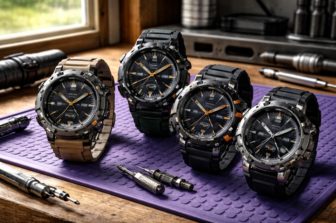 Four heavy-duty military style watches displayed on a workbench