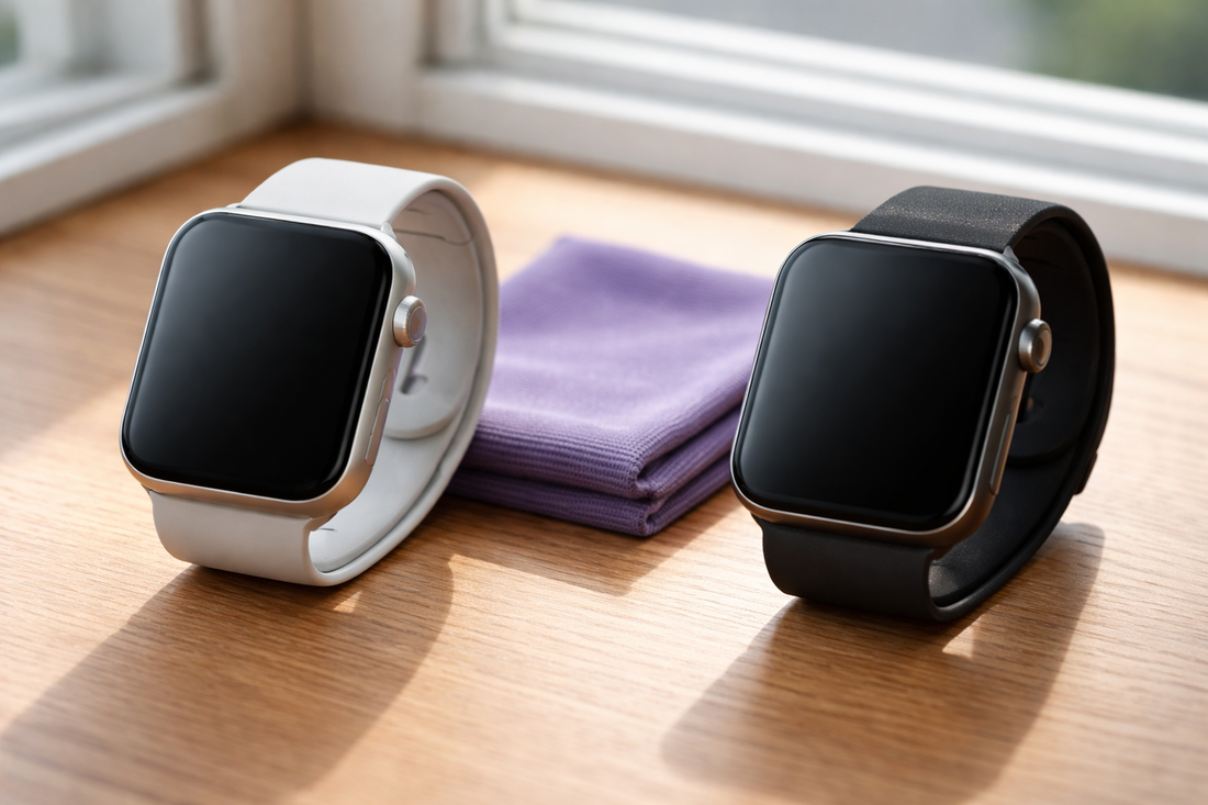 Two smartwatches on a wooden surface next to a microfiber cleaning cloth