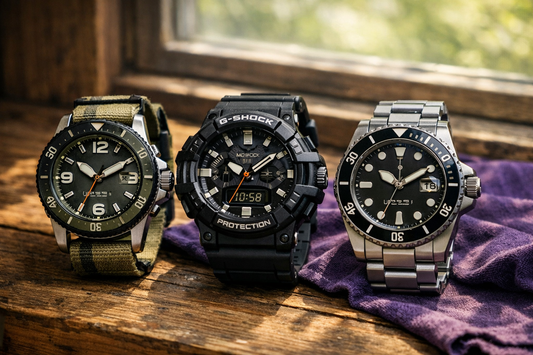 Three tactical watches including G-Shock and dive style watches on table