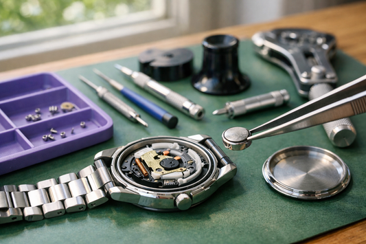 Open watch showing battery replacement with tools on green mat
