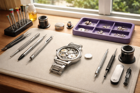Watch repair tools and disassembled mechanical watch on workbench