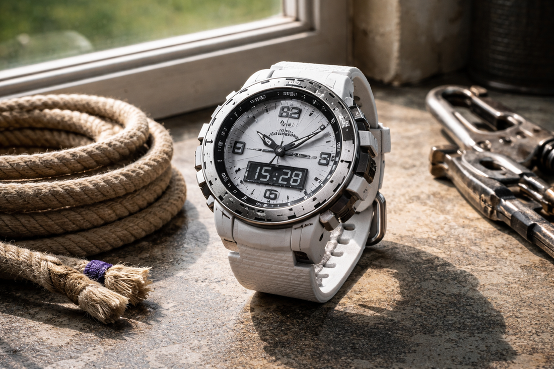 White sport watch next to rope and gear near window