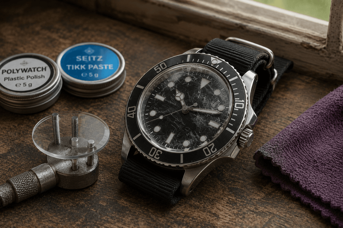 Scratched dive watch crystal before polishing restoration service