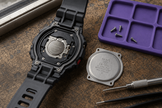 Open Casio G-Shock case showing battery replacement process