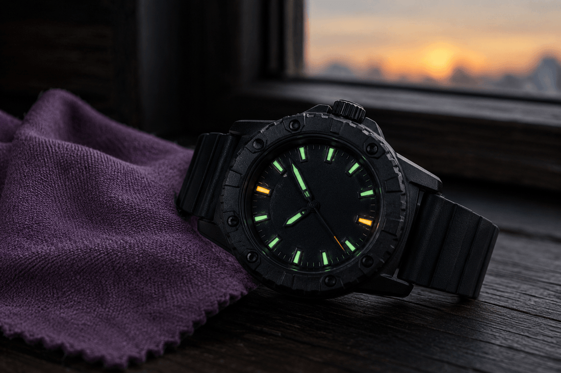 Black wristwatch with glowing lume photographed in low light