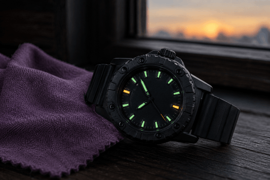 Black wristwatch with glowing lume photographed in low light