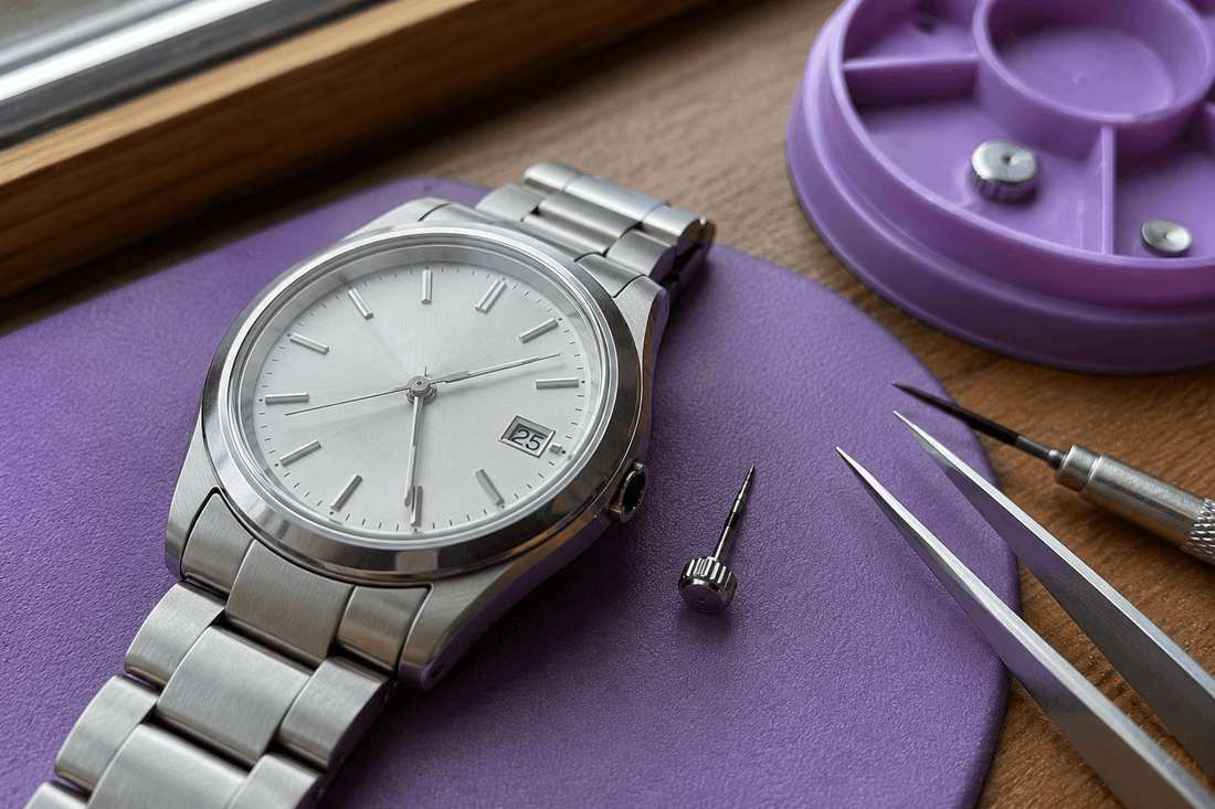 Silver stainless steel wristwatch on watchmaker work mat with repair tools
