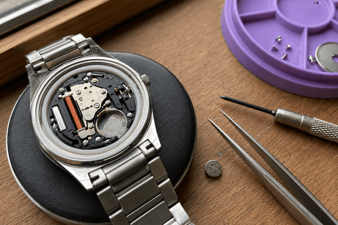 Quartz watch movement exposed during internal repair and battery service