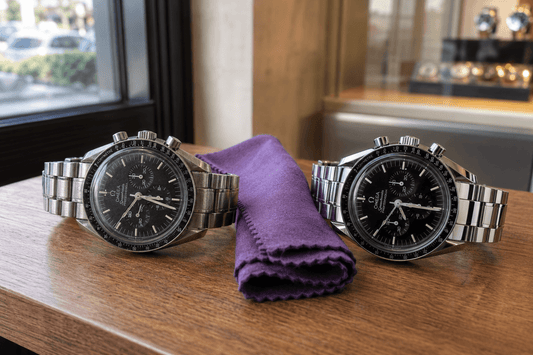 Before and after comparison of restored Omega Speedmaster watches