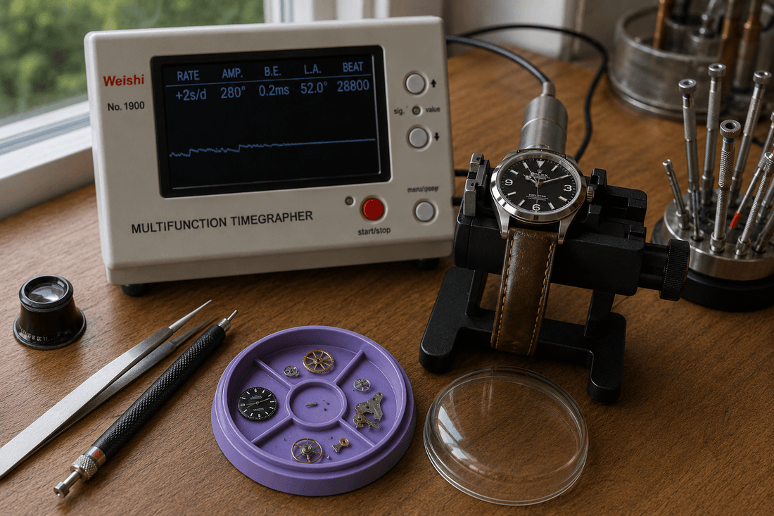Mechanical watch secured on a timegrapher during diagnostic testing.