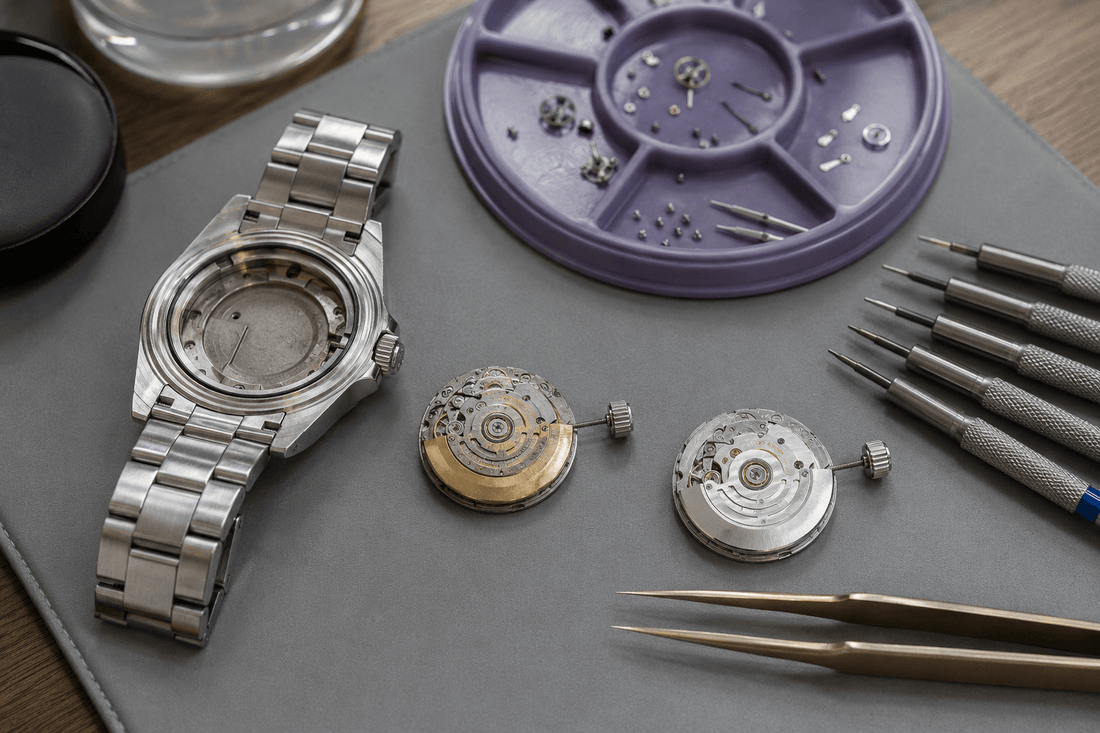 Watch case and two mechanical movements displayed during replacement assessment.