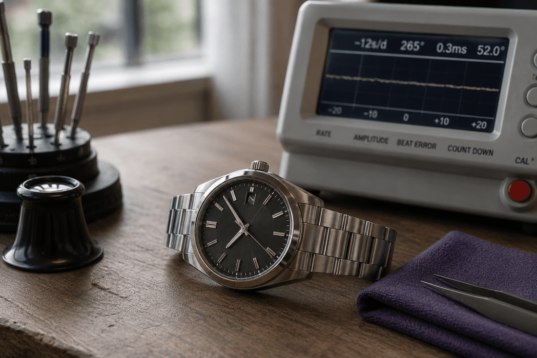 Luxury watch positioned beside a timegrapher used for accuracy testing.