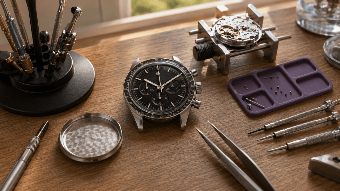 Luxury chronograph watch and mechanical movement during professional watch repair service.