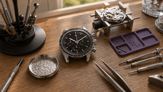 Luxury chronograph watch and mechanical movement during professional watch repair service.