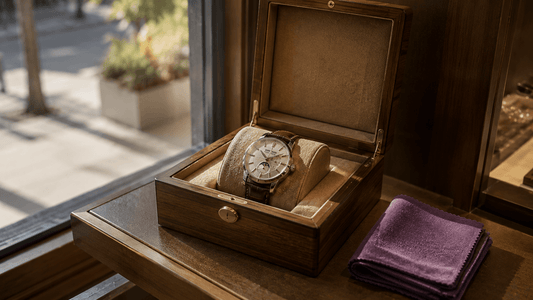Luxury dress watch stored inside a premium wooden presentation box with microfiber cloth.