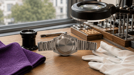Rolex watch caseback displayed on a professional watchmaker's workbench with magnifier, gloves, and precision tools.