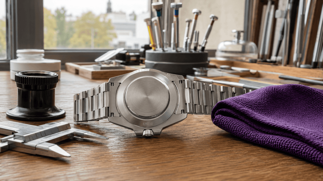 Rolex caseback positioned for inspection with measuring tools on a professional workbench.