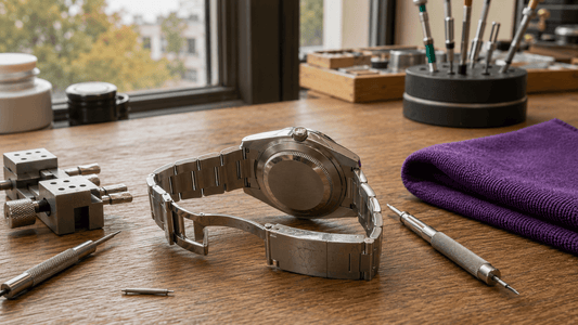 Rear view of a Rolex watch on a workbench during professional maintenance and inspection.