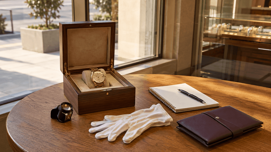 Luxury watch in presentation box prepared for appraisal or customer consultation.