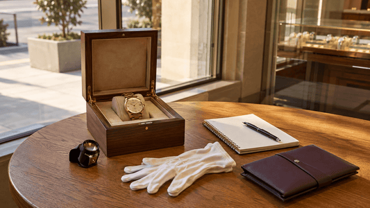 Luxury watch in presentation box prepared for appraisal or customer consultation.