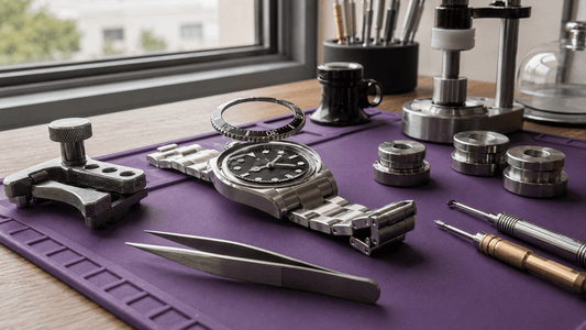 Watch bezel removed during professional repair with specialized watchmaking tools on a work mat.